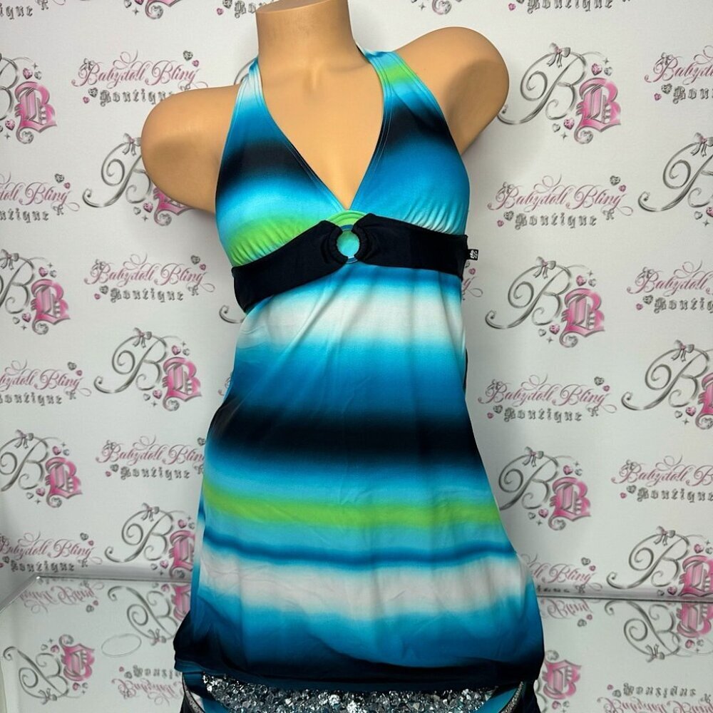 La vie en rose aqua dress ombré striped blue black green white O-ring metal